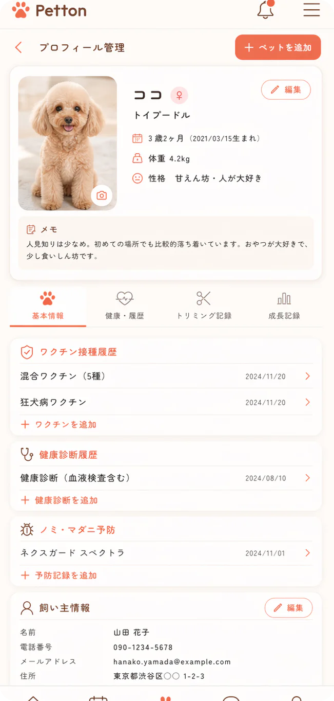 Pettonの写真カルテのサンプル画面